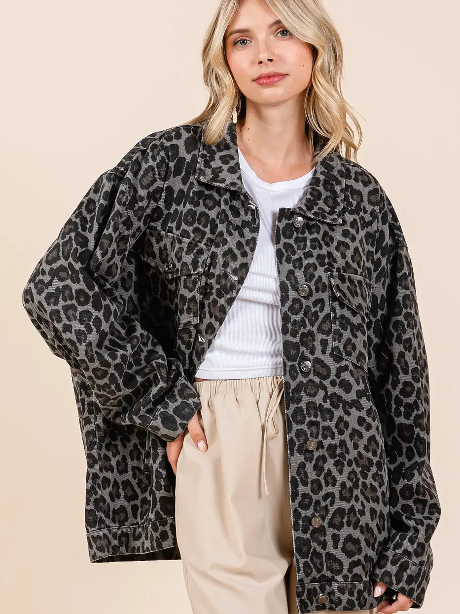 Animal Print Oversized Denim Jacket