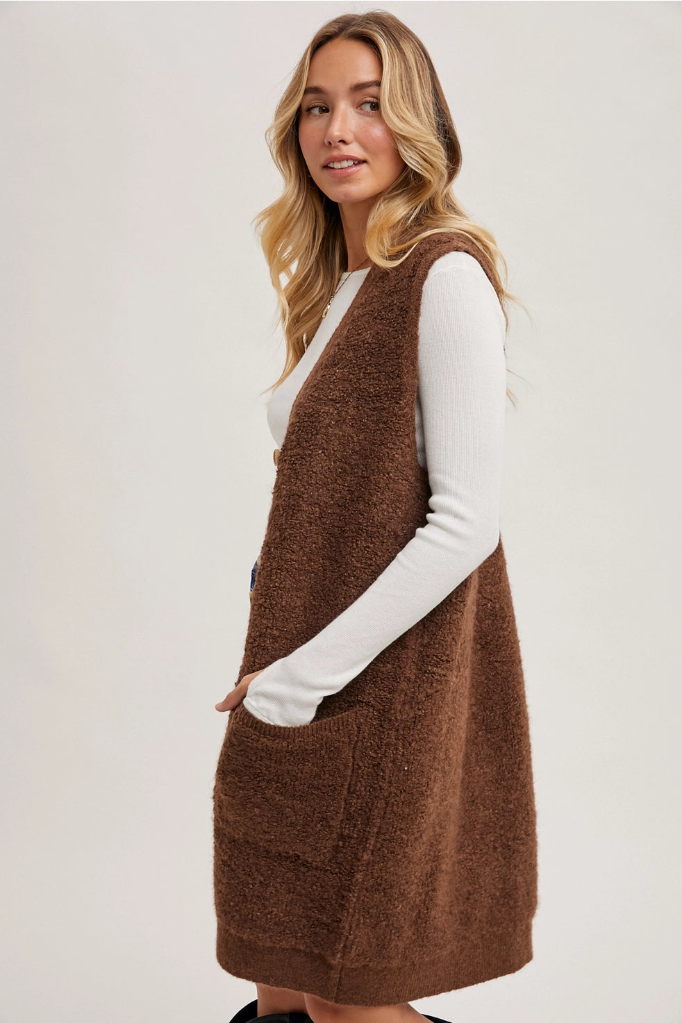 Button Down V-Neck Teddy Knit Long Lined Vest