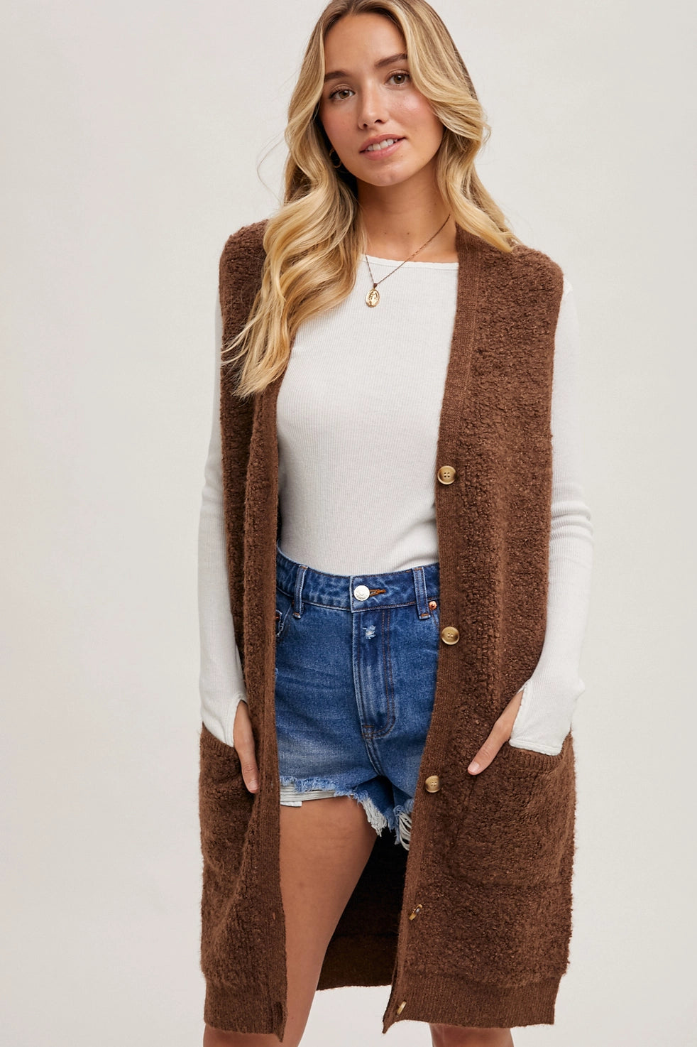 Button Down V-Neck Teddy Knit Long Lined Vest