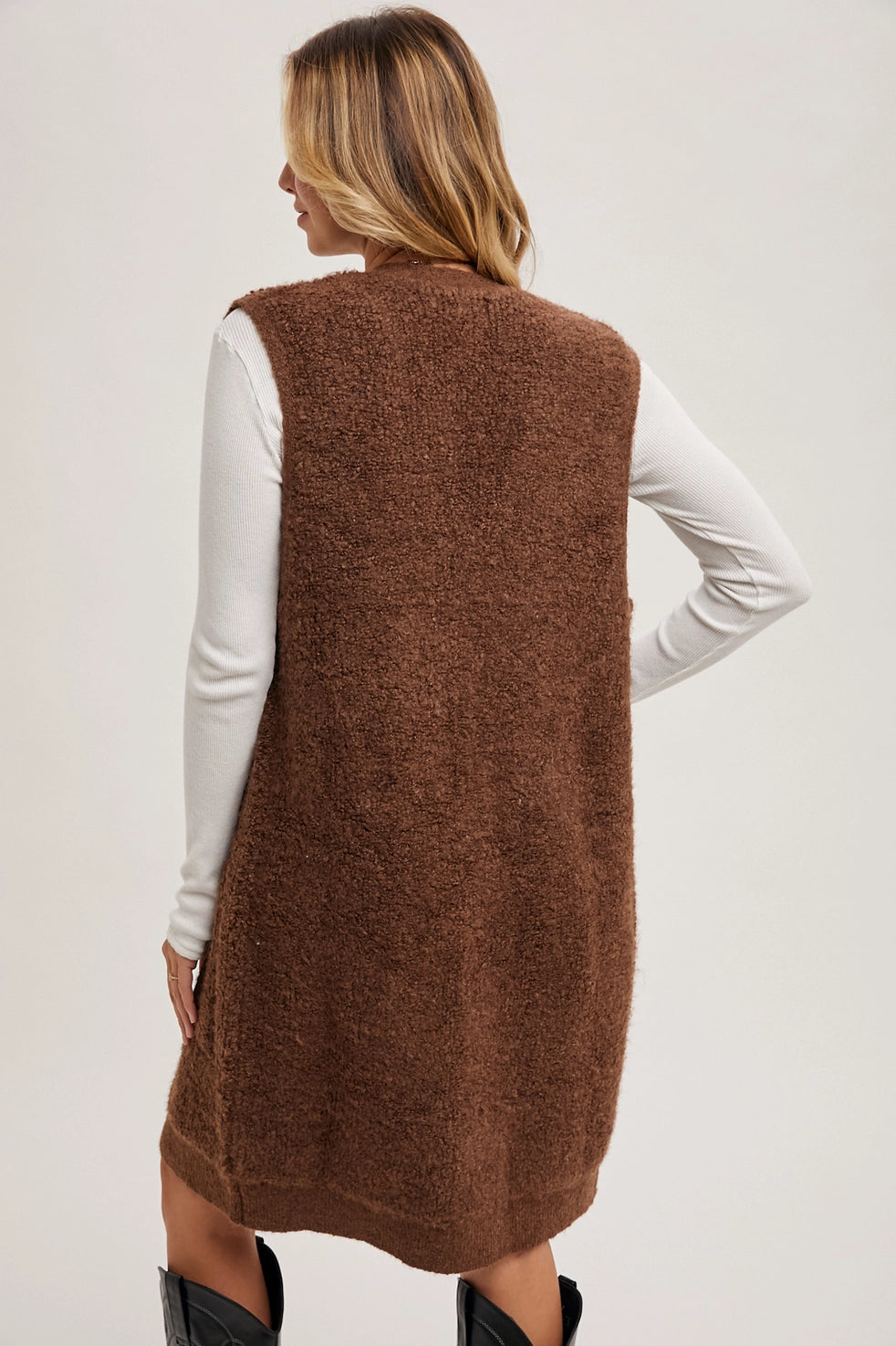 Button Down V-Neck Teddy Knit Long Lined Vest