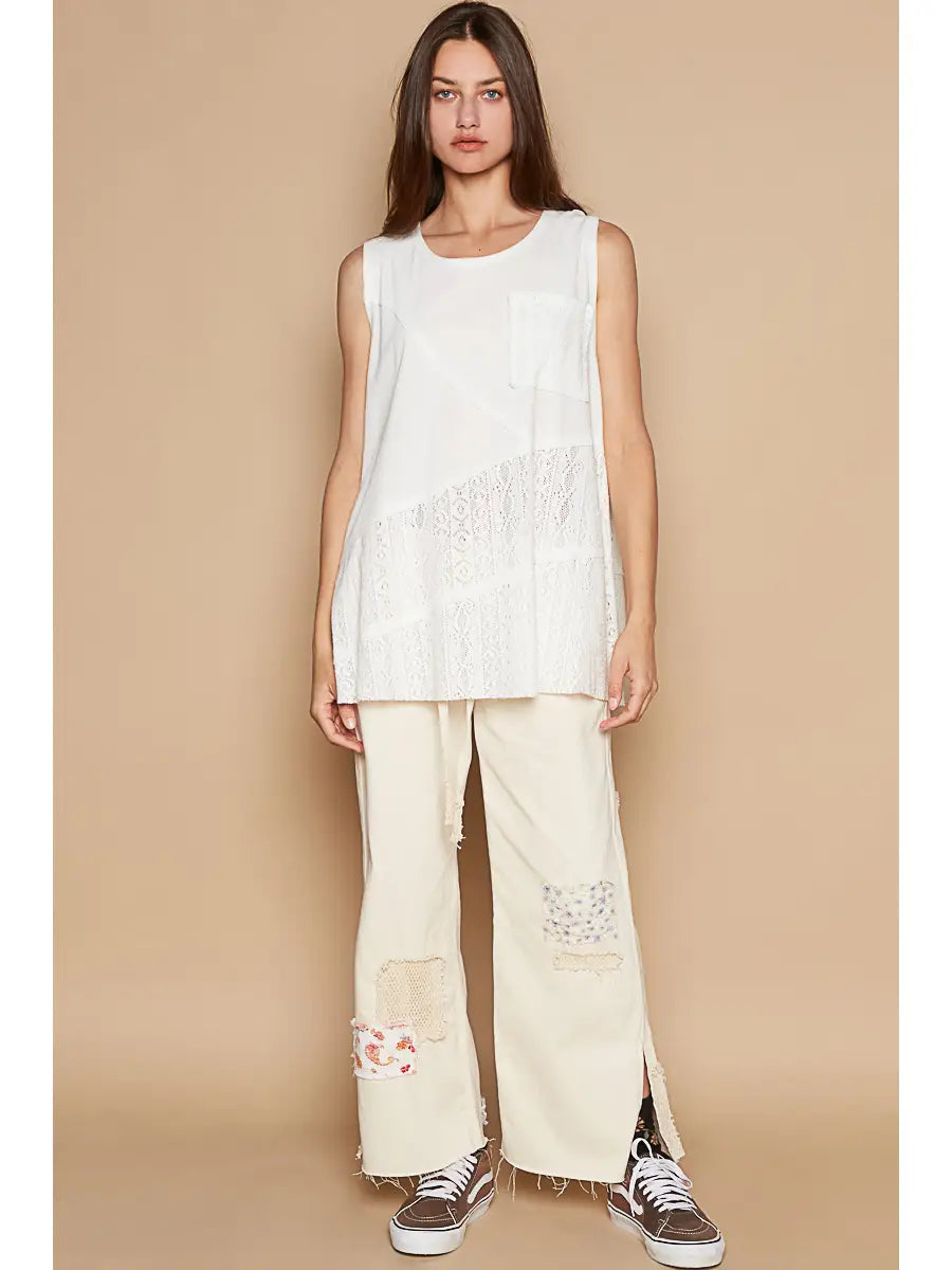 Round Neck Sleeveless Crochet Contrast Solid Knit Top