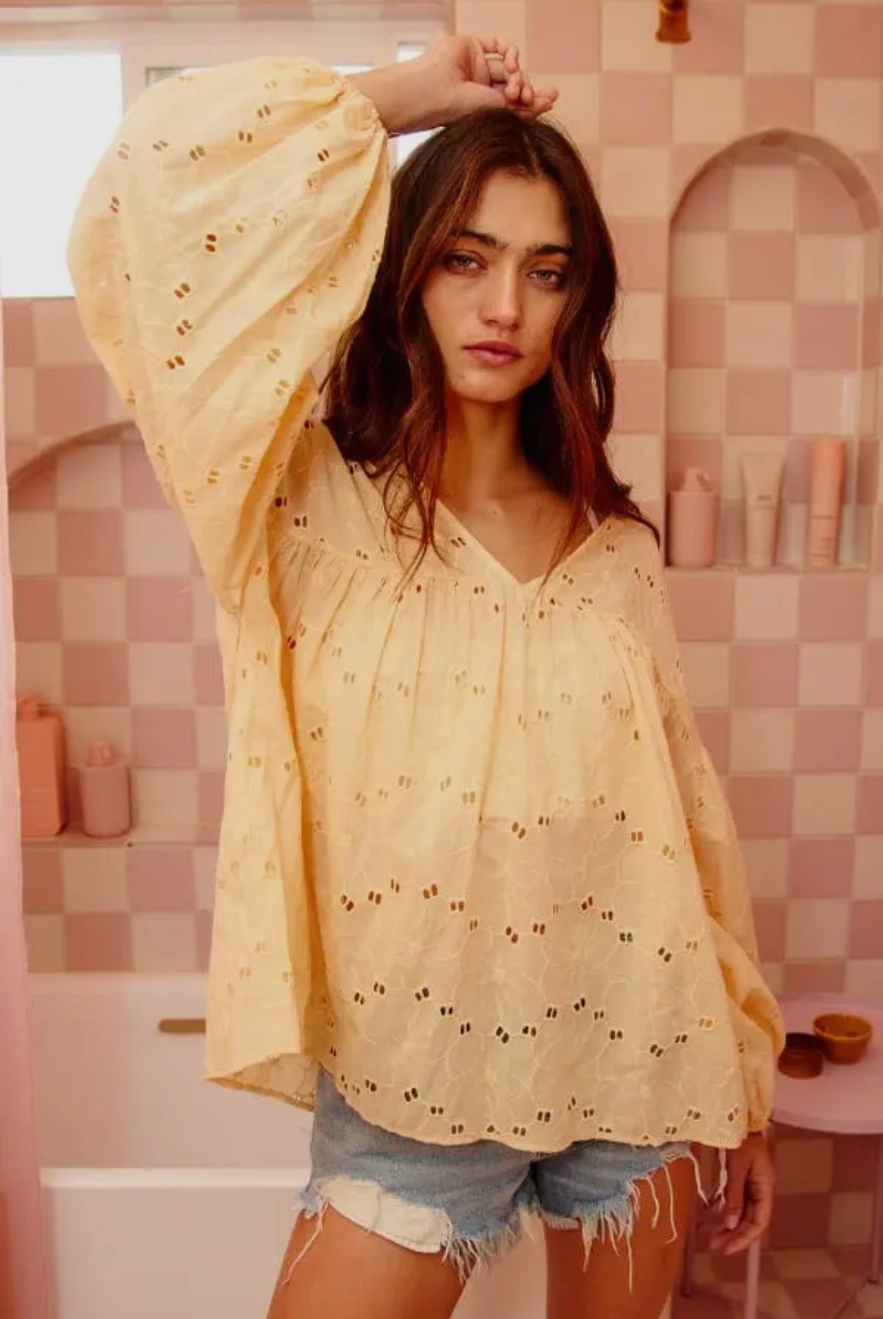 Puff Sleeve Eyelet Lace Babydoll Tunic