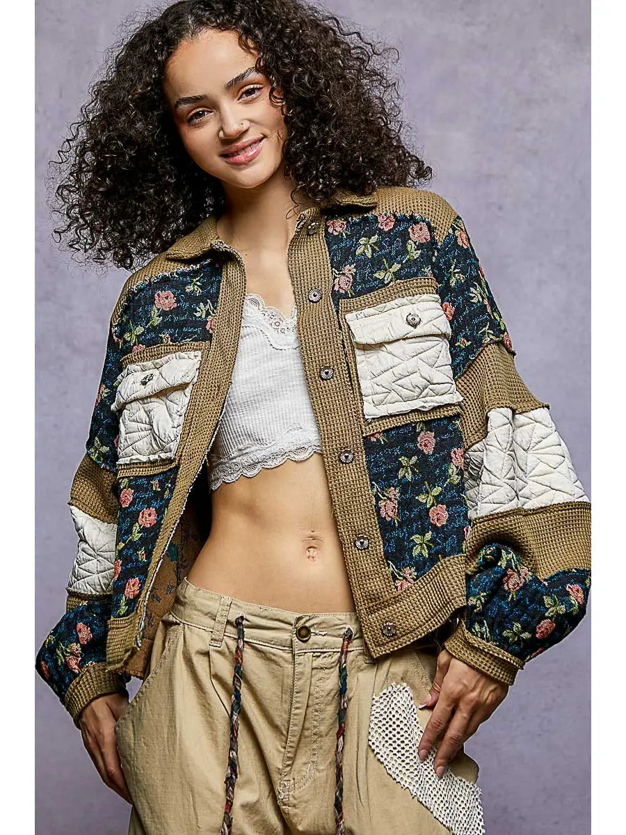 Vintage Washed Jacquard Color Block Jacket