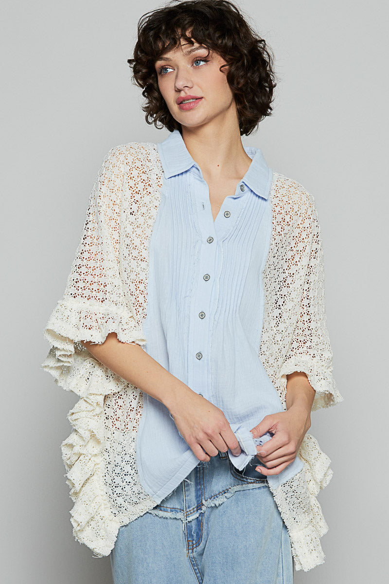 Oversize Crochet Contrast Ruffle Detail Woven Top
