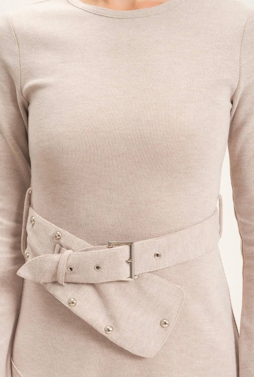 Elena Ribbed Knit Belted Dress