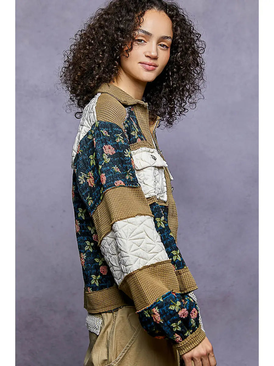 Vintage Washed Jacquard Color Block Jacket