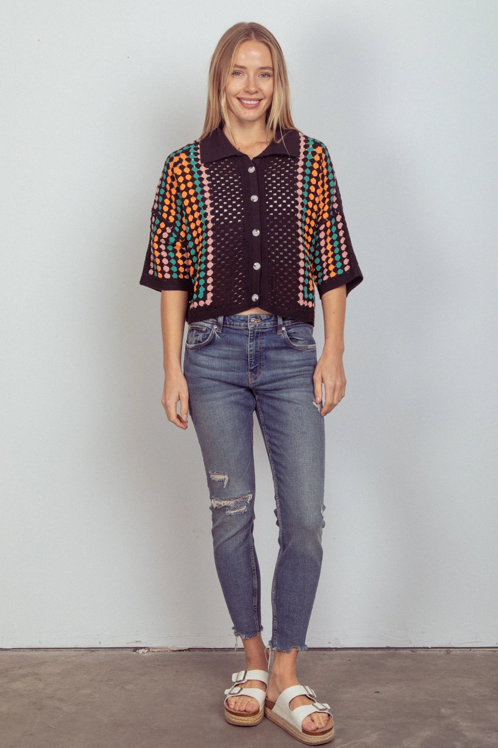 Relaxed Fit Multi Color Crochet Knit Top