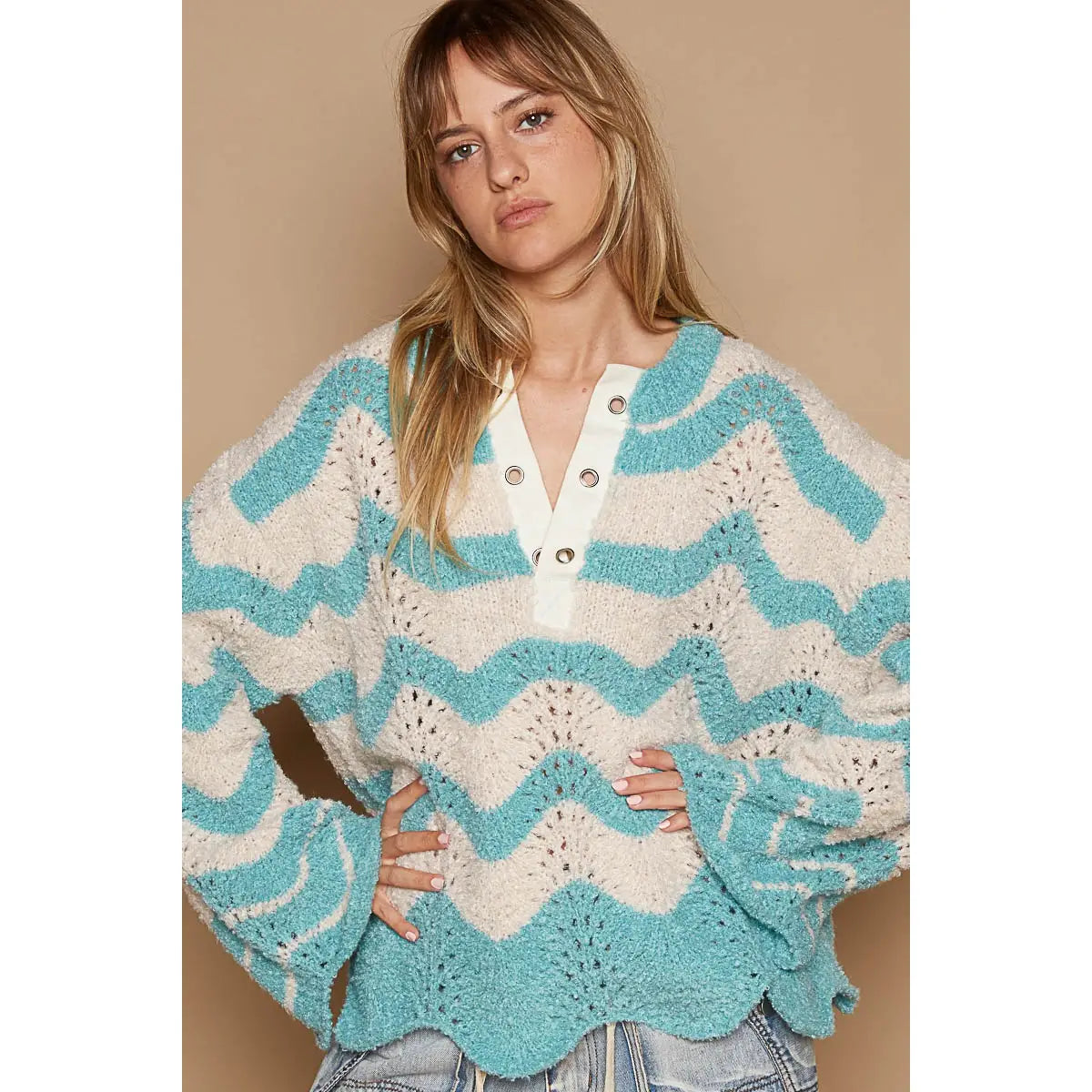 Oversize Round Neck Stripes Solid Pullover Sweater