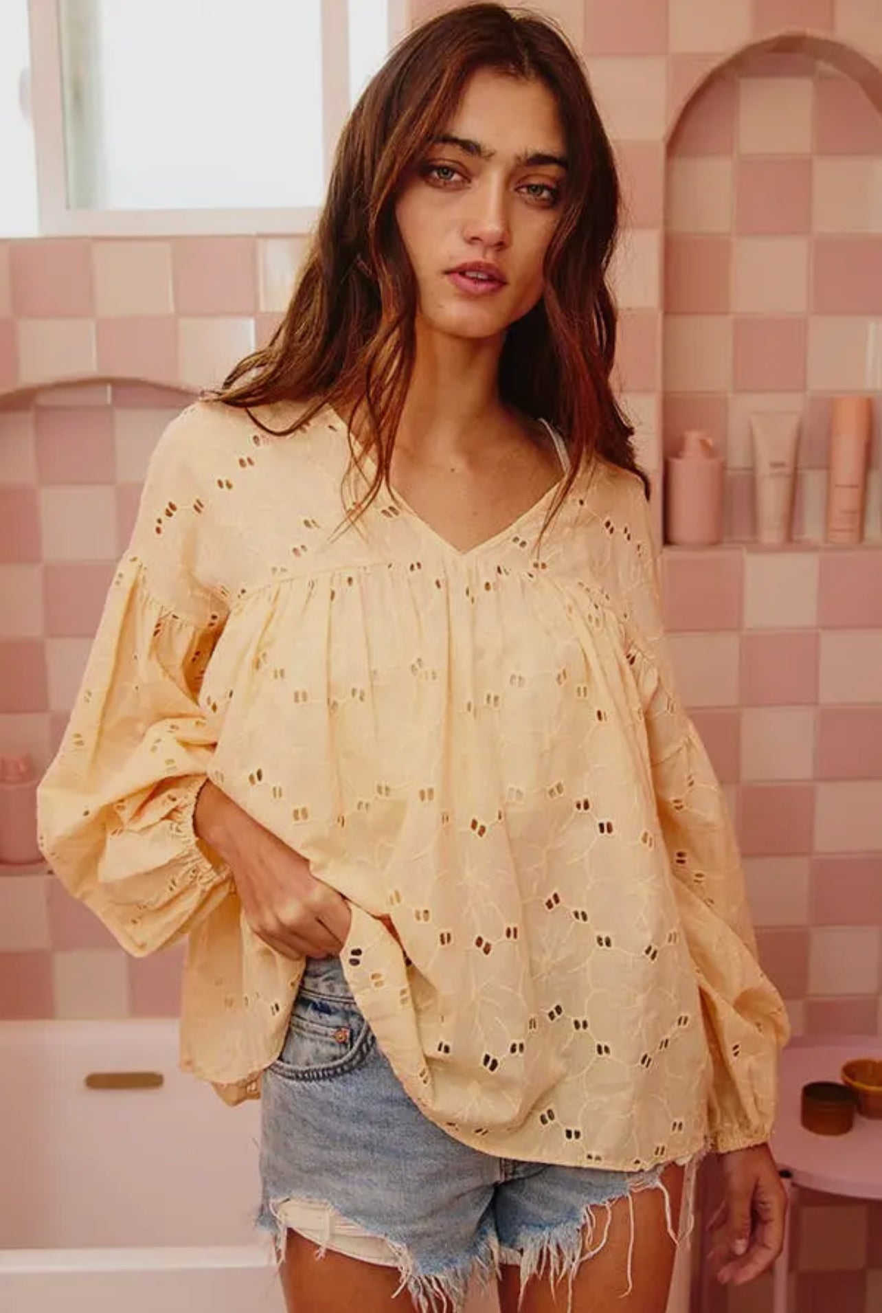 Puff Sleeve Eyelet Lace Babydoll Tunic