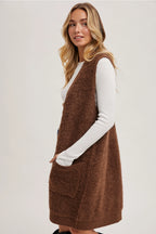 Button Down V-Neck Teddy Knit Long Lined Vest