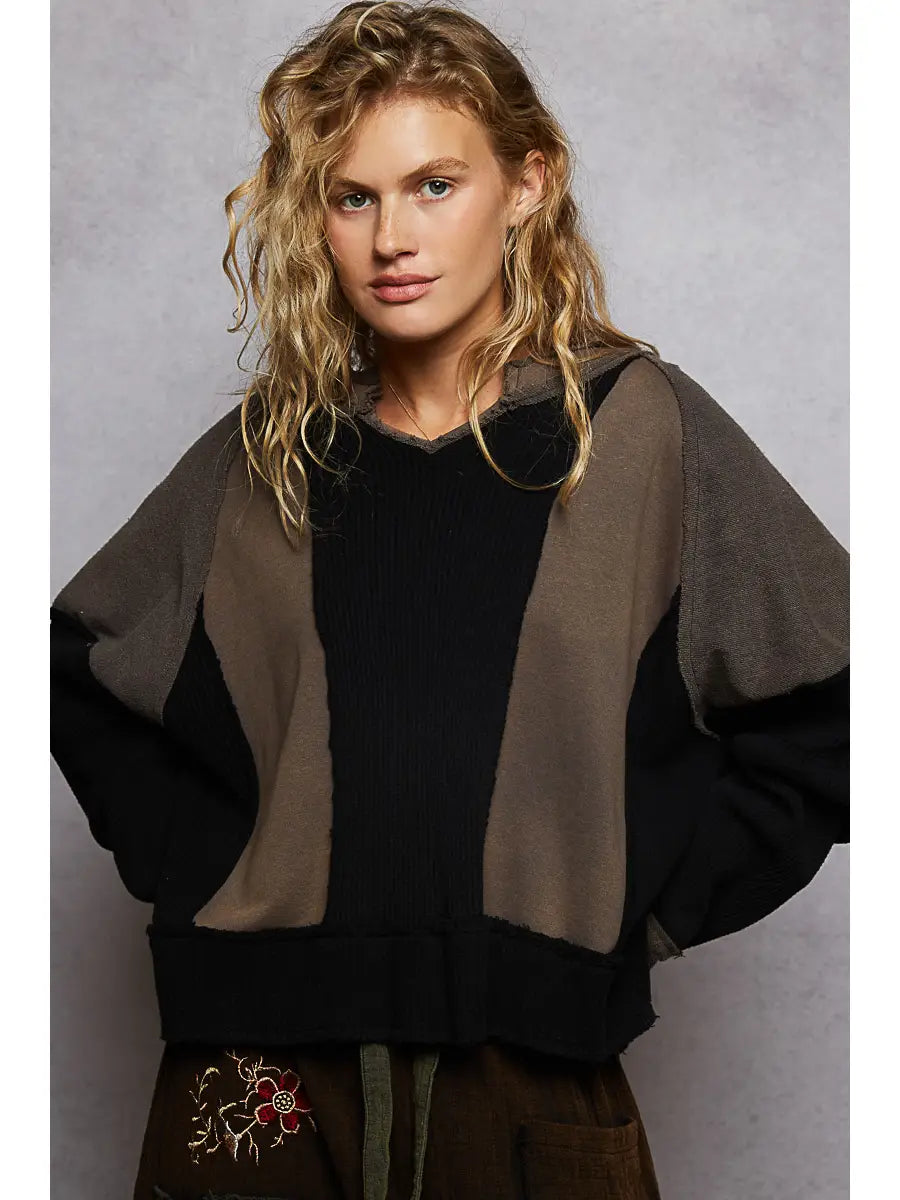 Notched Neck Contrast Fabric Basic Long Sleeve