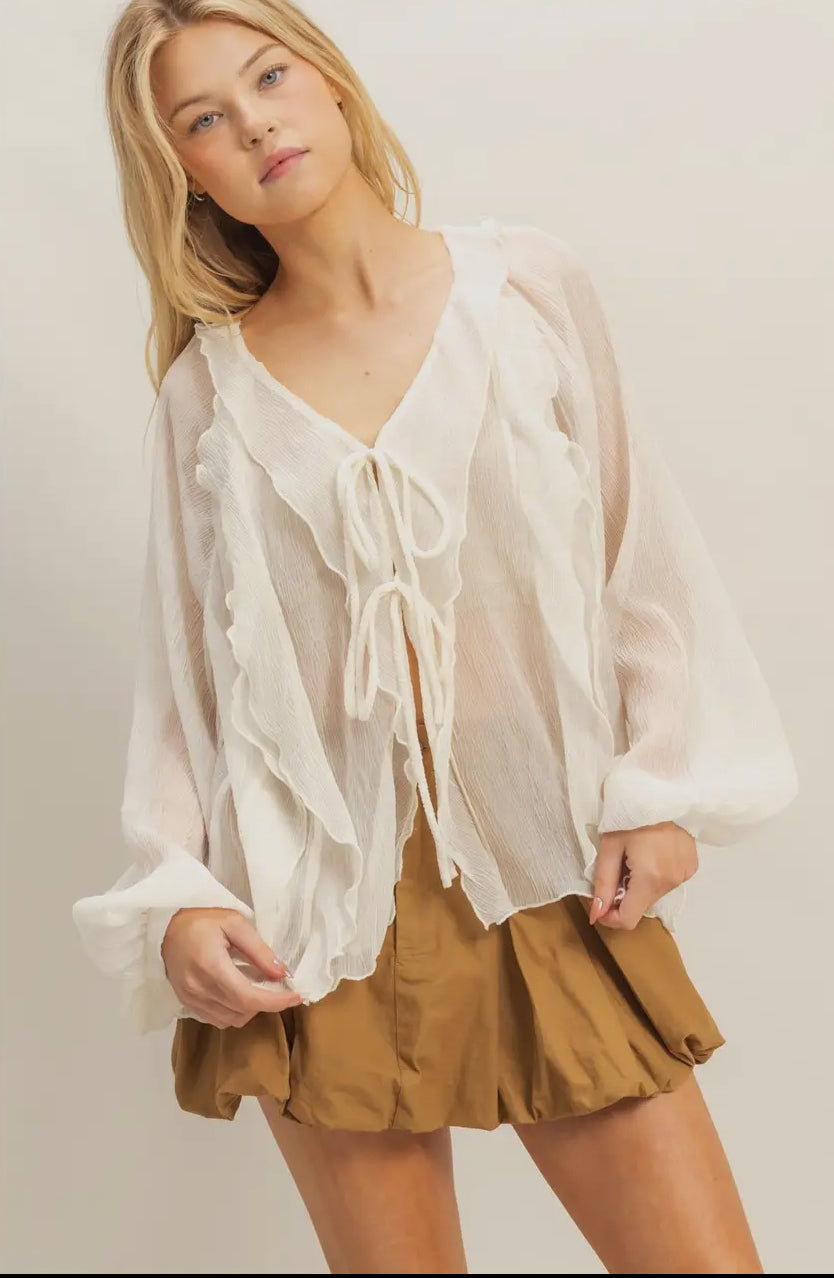 Chic textured tie front blouse