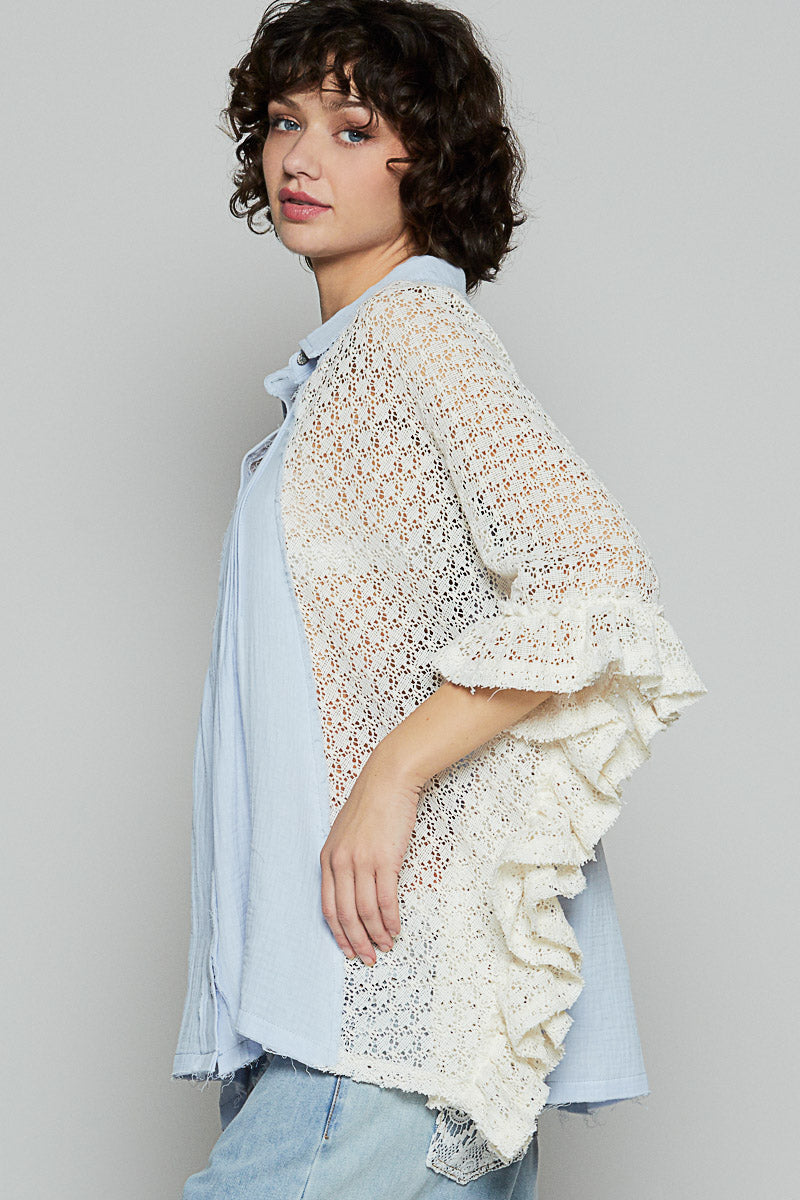 Oversize Crochet Contrast Ruffle Detail Woven Top