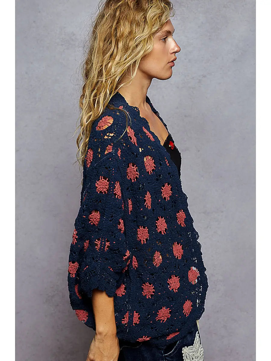 Floral Contrast Crochet Cardigan