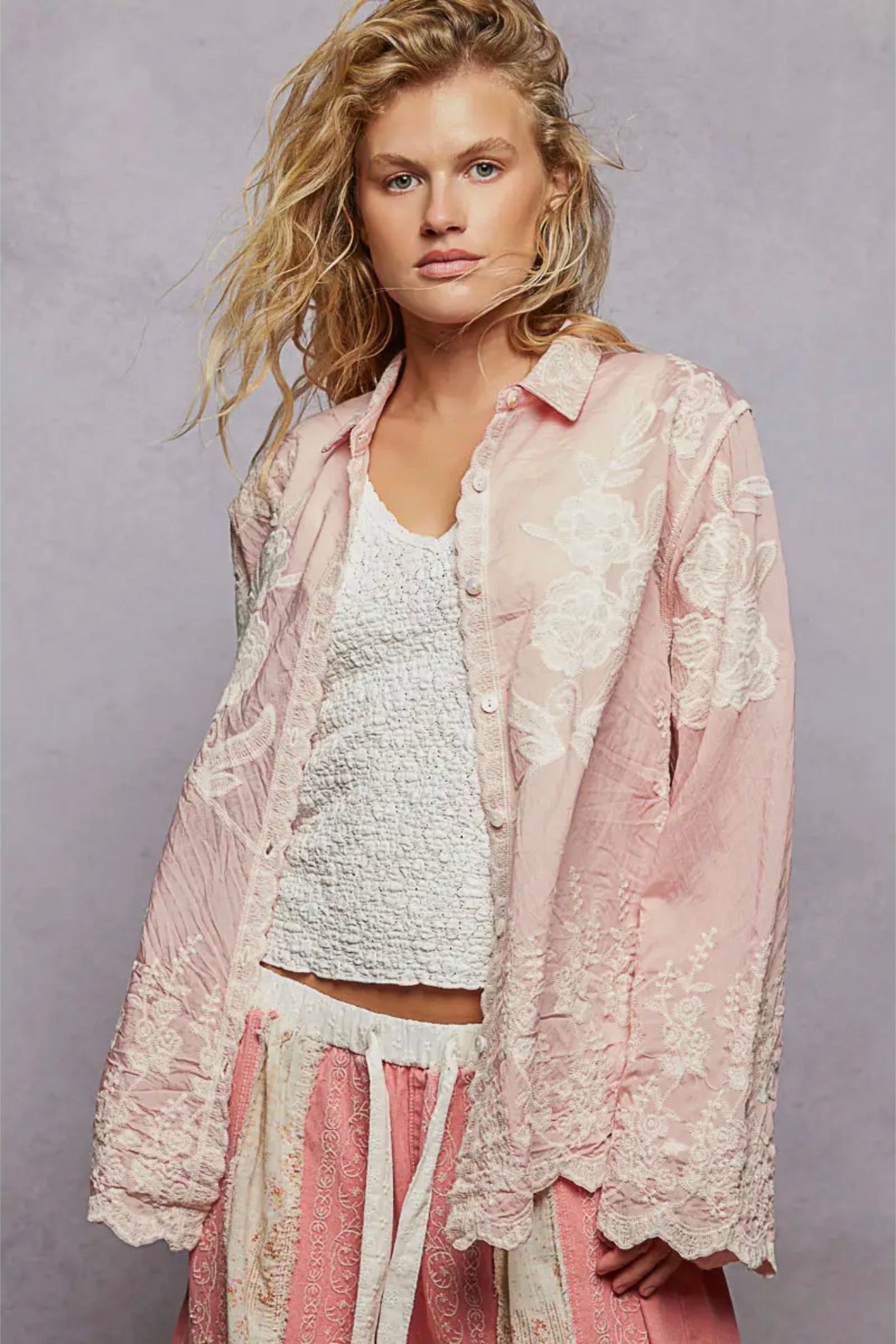 Vintage Blush Lace Button-Up