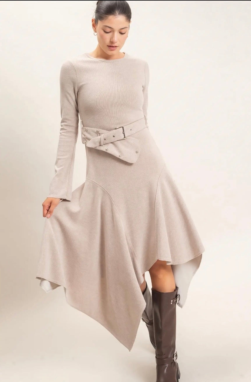 Elena Ribbed Knit Belted Dress