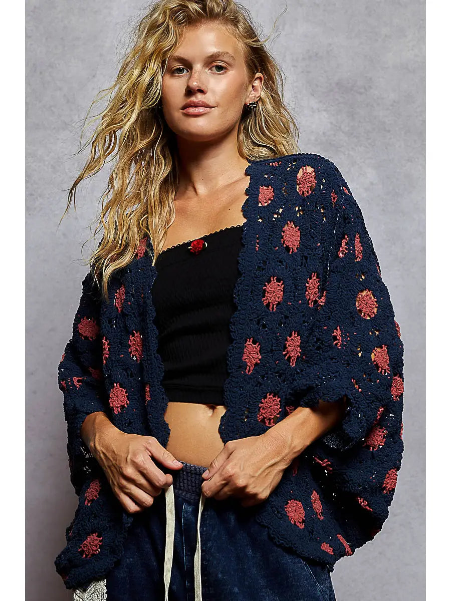 Floral Contrast Crochet Cardigan