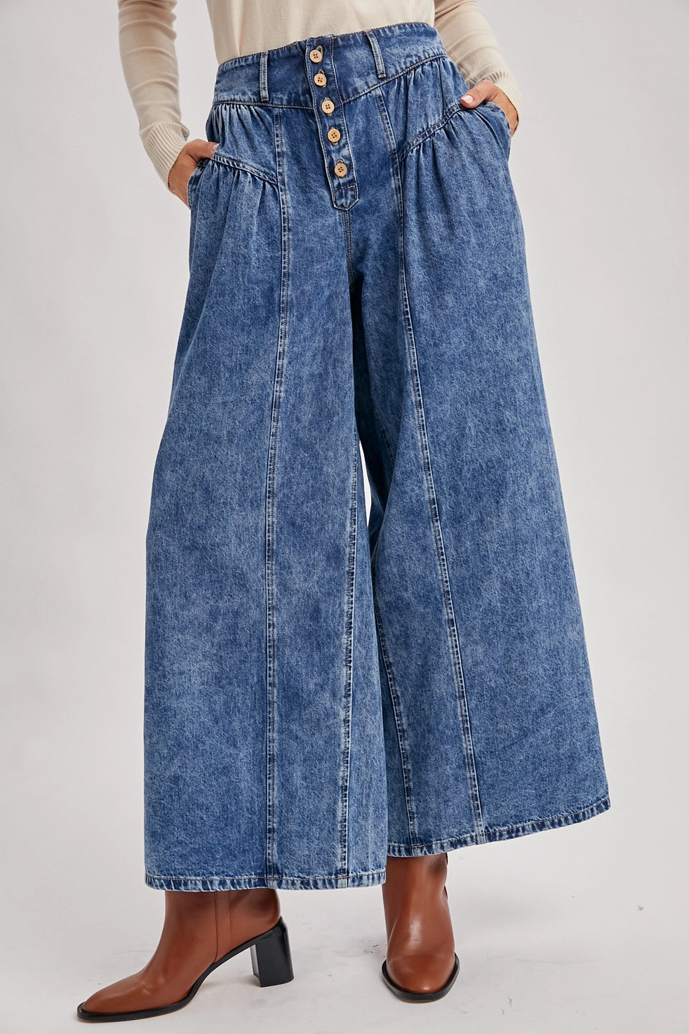 Denim Pleated Retro High-Rise Wide Leg Jeans