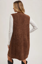 Button Down V-Neck Teddy Knit Long Lined Vest