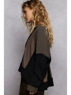 Notched Neck Contrast Fabric Basic Long Sleeve