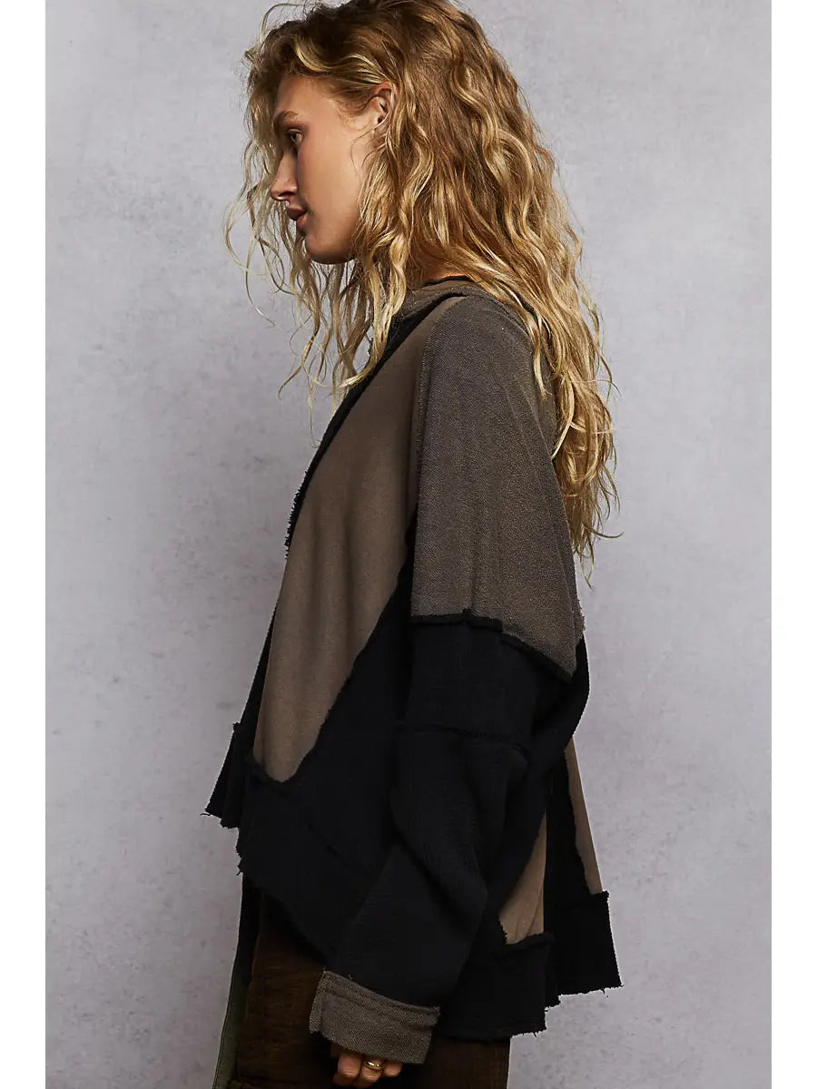 Notched Neck Contrast Fabric Basic Long Sleeve