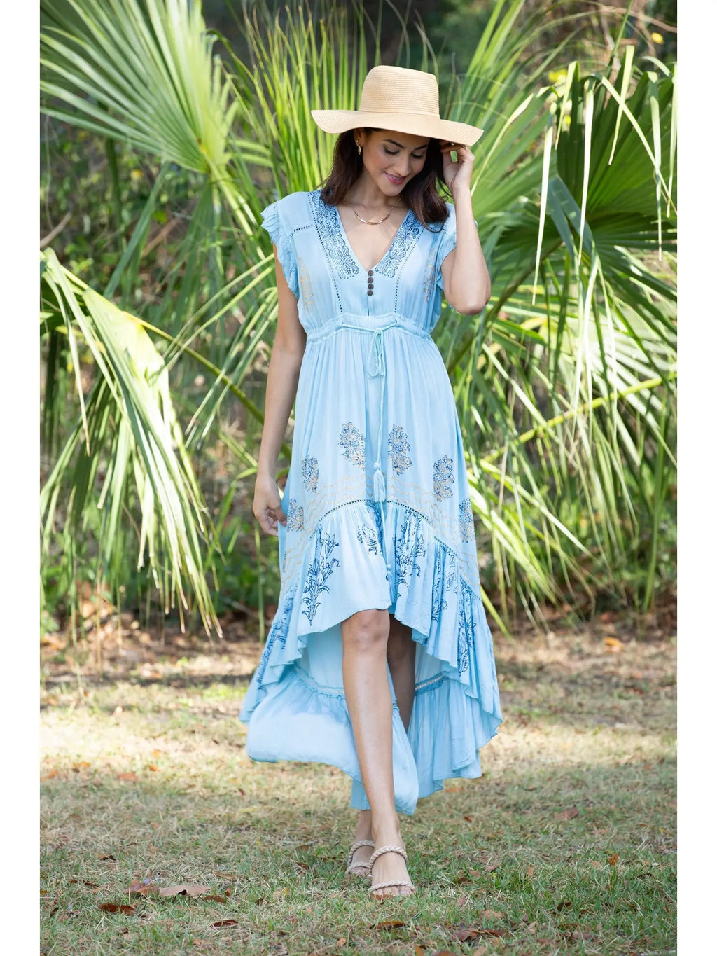 Sky Blossom Dipped Hem Block print Dress