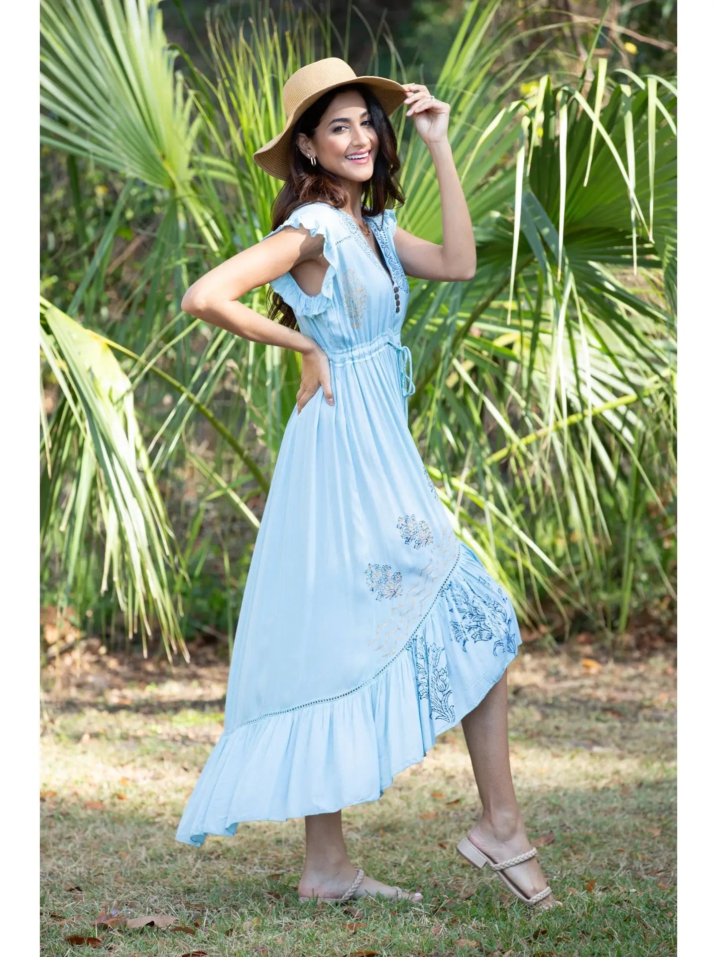 Sky Blossom Dipped Hem Block print Dress