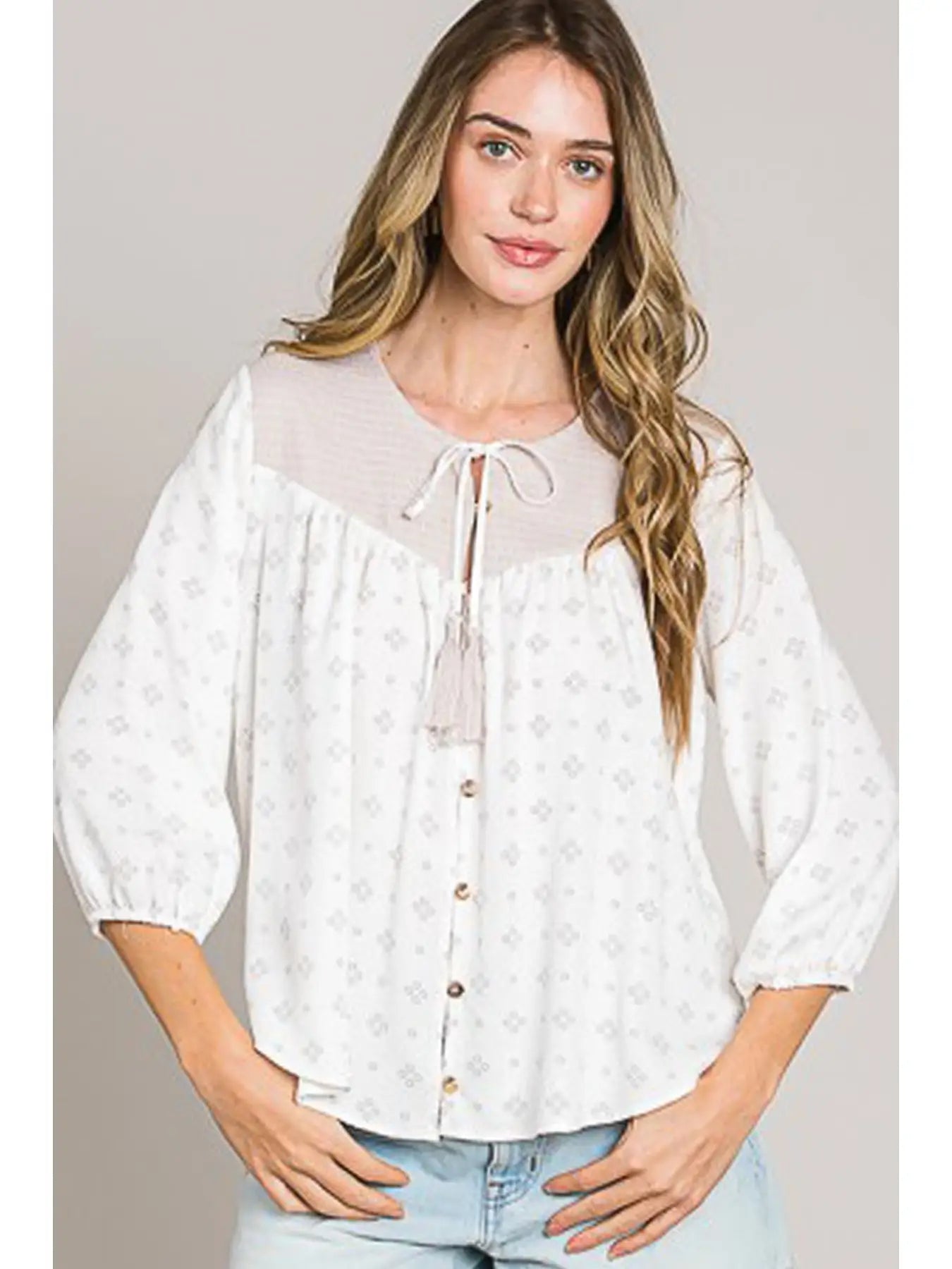 Bracelet Sleeve Tie Front Button Down Blouse