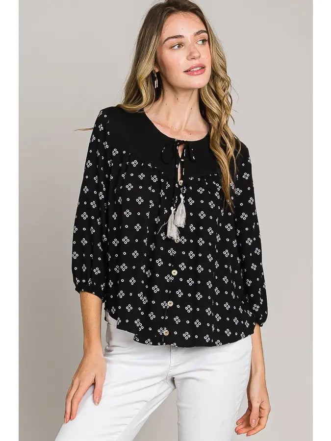 Bracelet Sleeve Tie Front Button Down Blouse