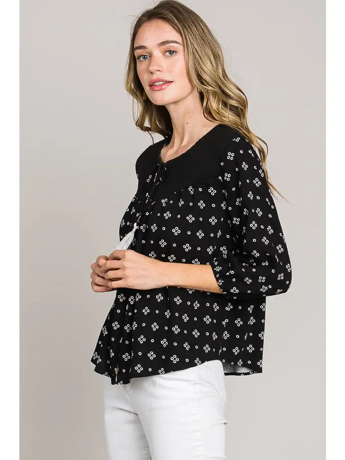 Bracelet Sleeve Tie Front Button Down Blouse