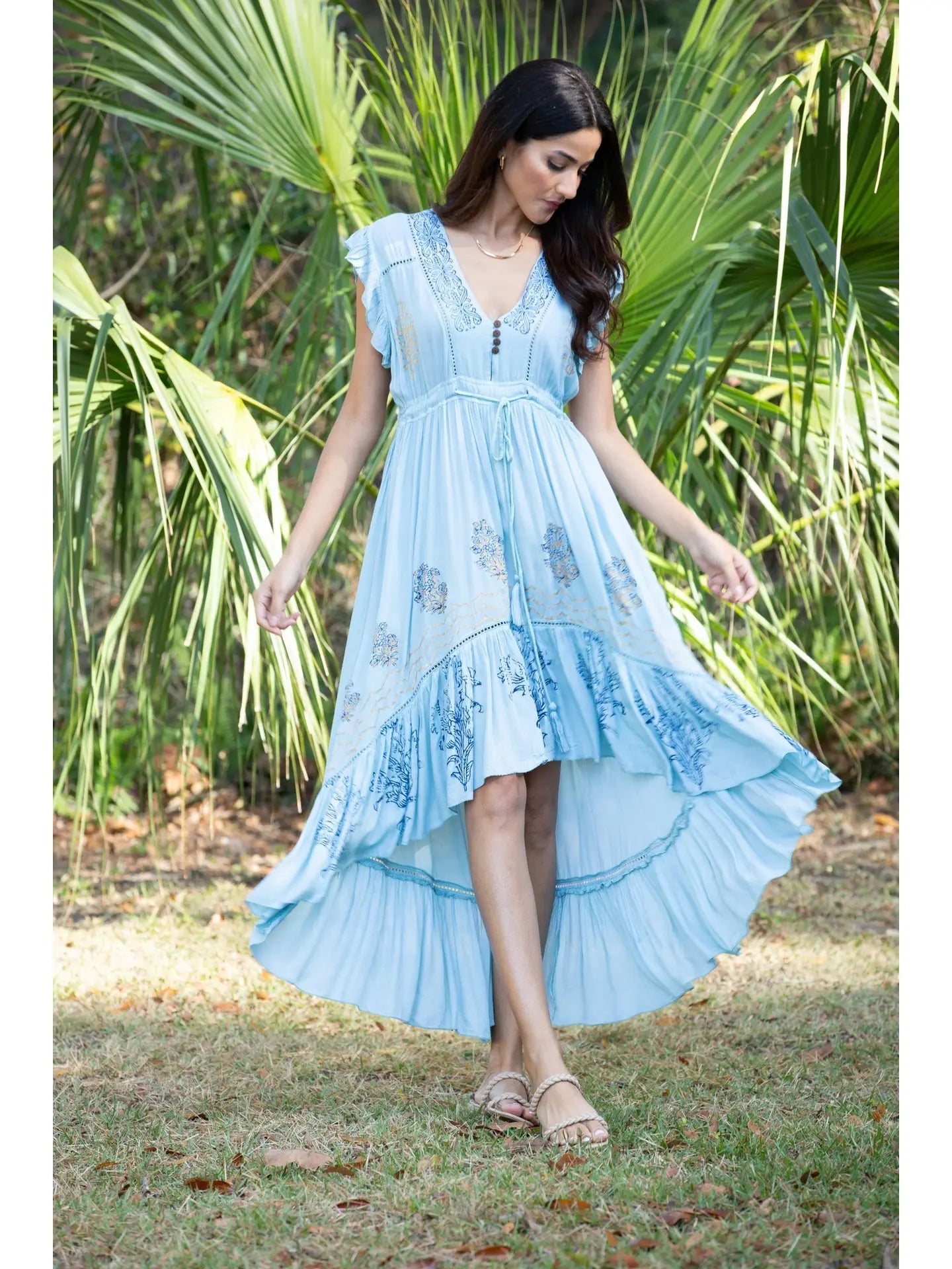Sky Blossom Dipped Hem Block print Dress