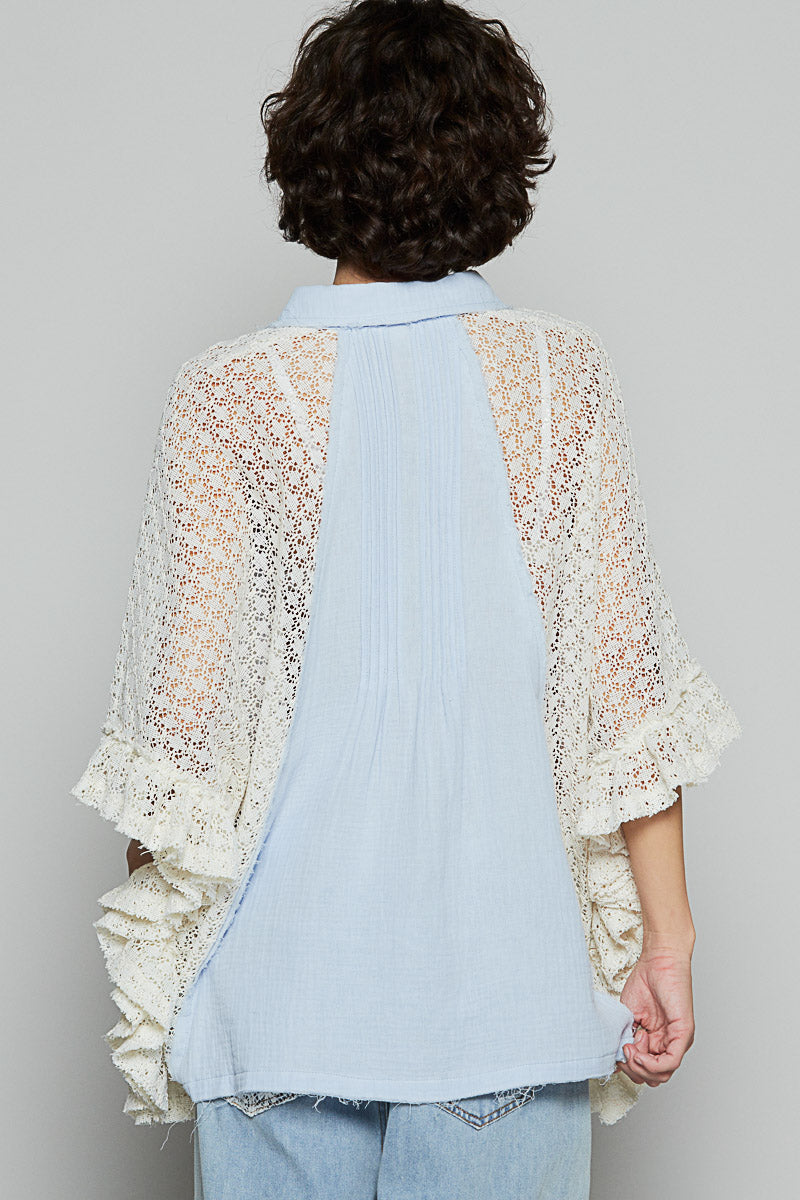 Oversize Crochet Contrast Ruffle Detail Woven Top