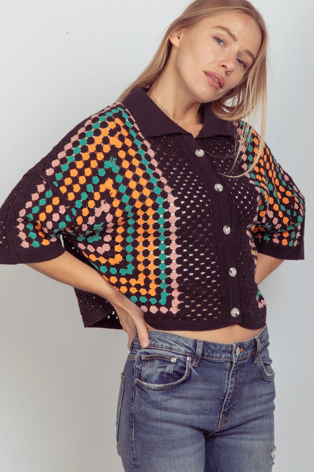 Relaxed Fit Multi Color Crochet Knit Top