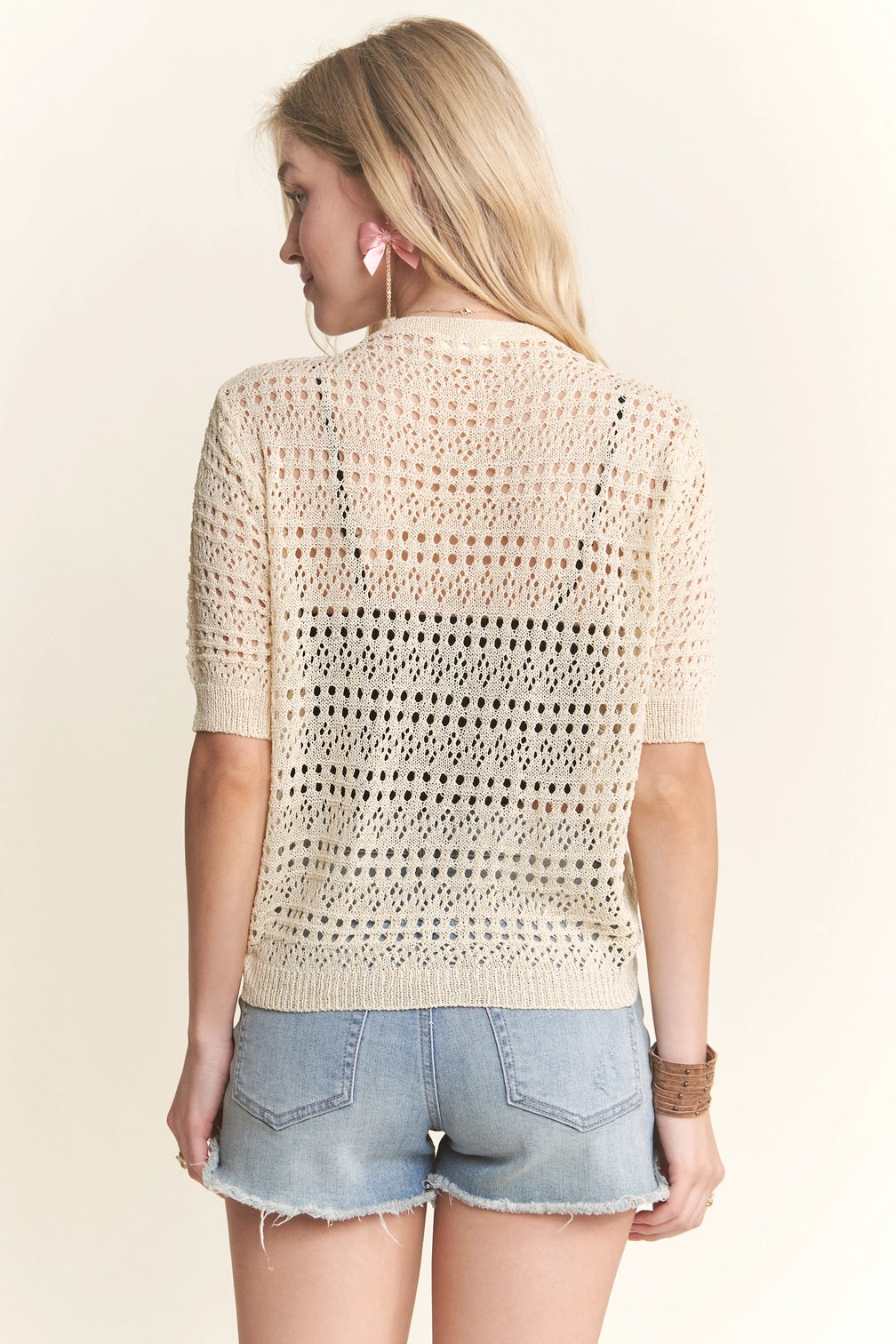 Front Drawstring Crochet Blouse