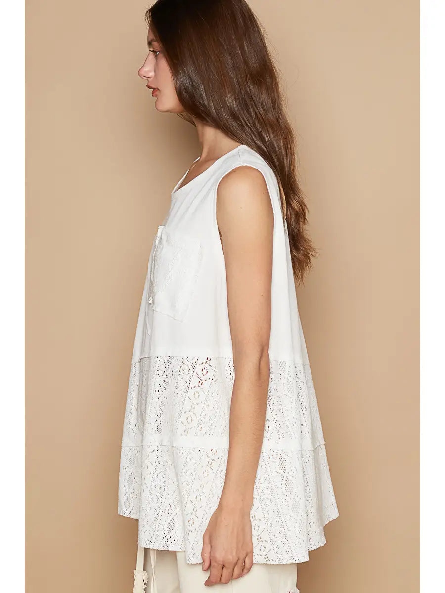 Round Neck Sleeveless Crochet Contrast Solid Knit Top