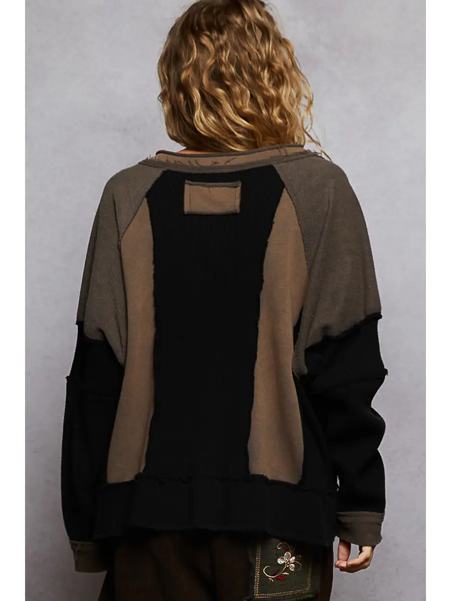 Notched Neck Contrast Fabric Basic Long Sleeve