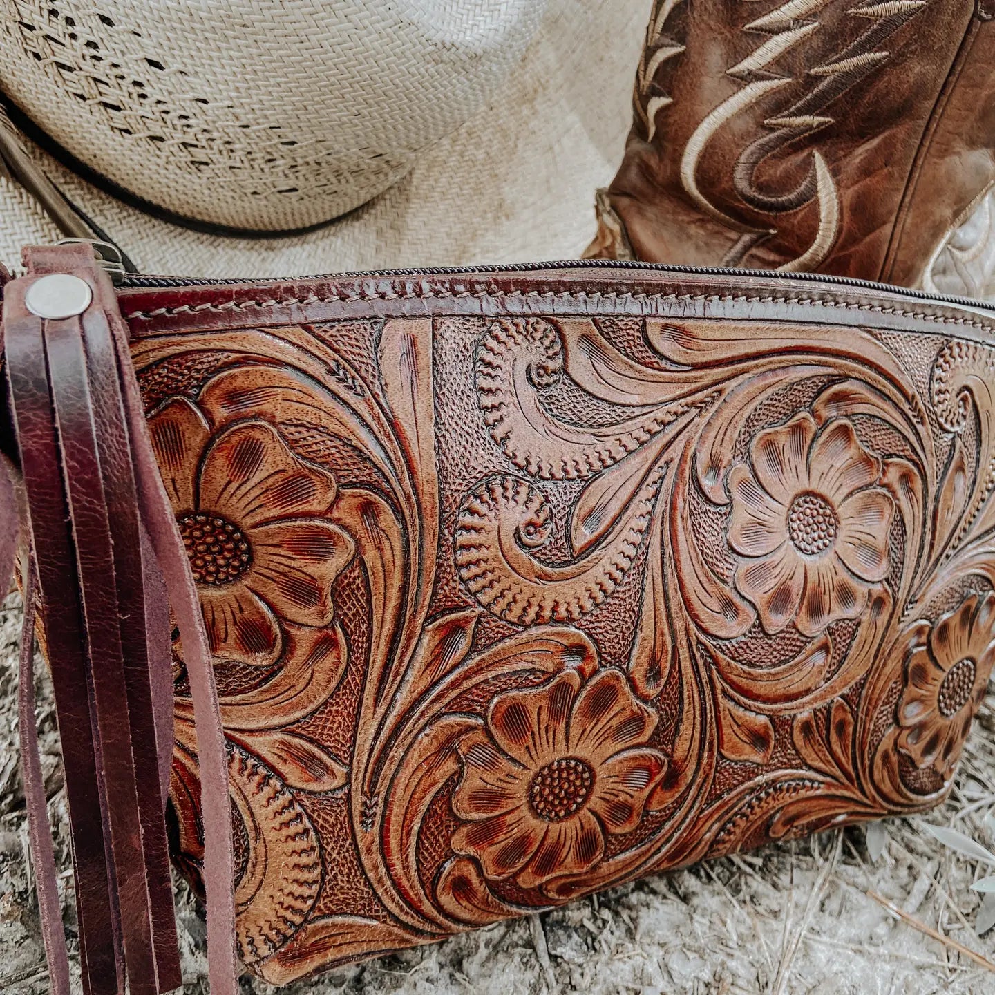 Tooled Leather Wristlet