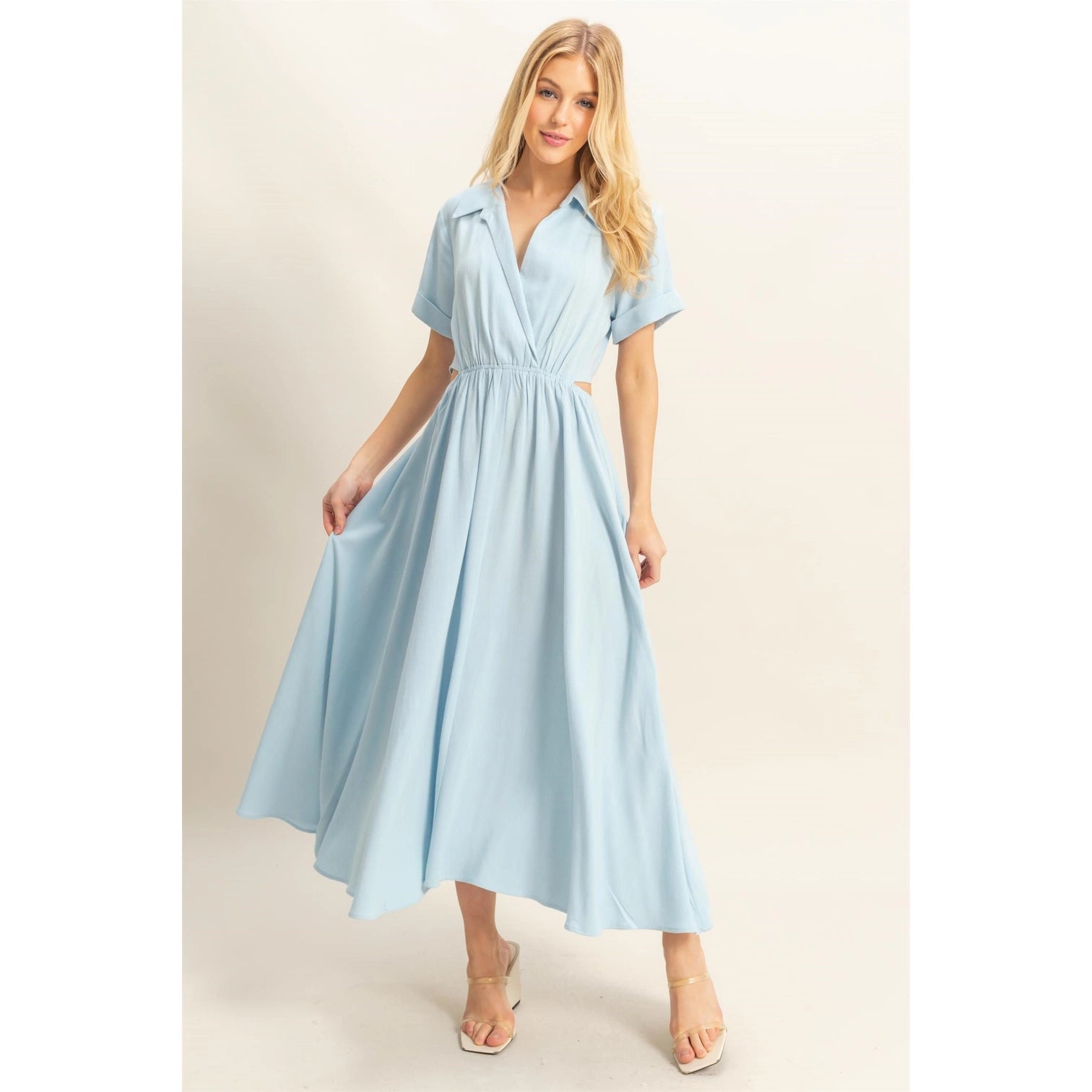 Short Sleeve Side Cutout Maxi Shirt Dress