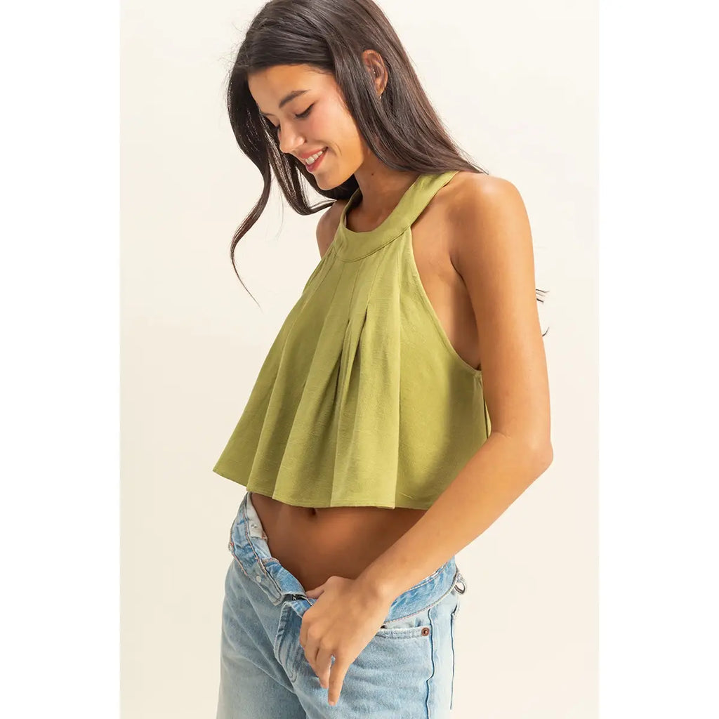 Halter Pleated Ruffle Crop Top