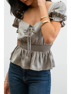 Lace Up Front Puff Short Sleeve Blouse