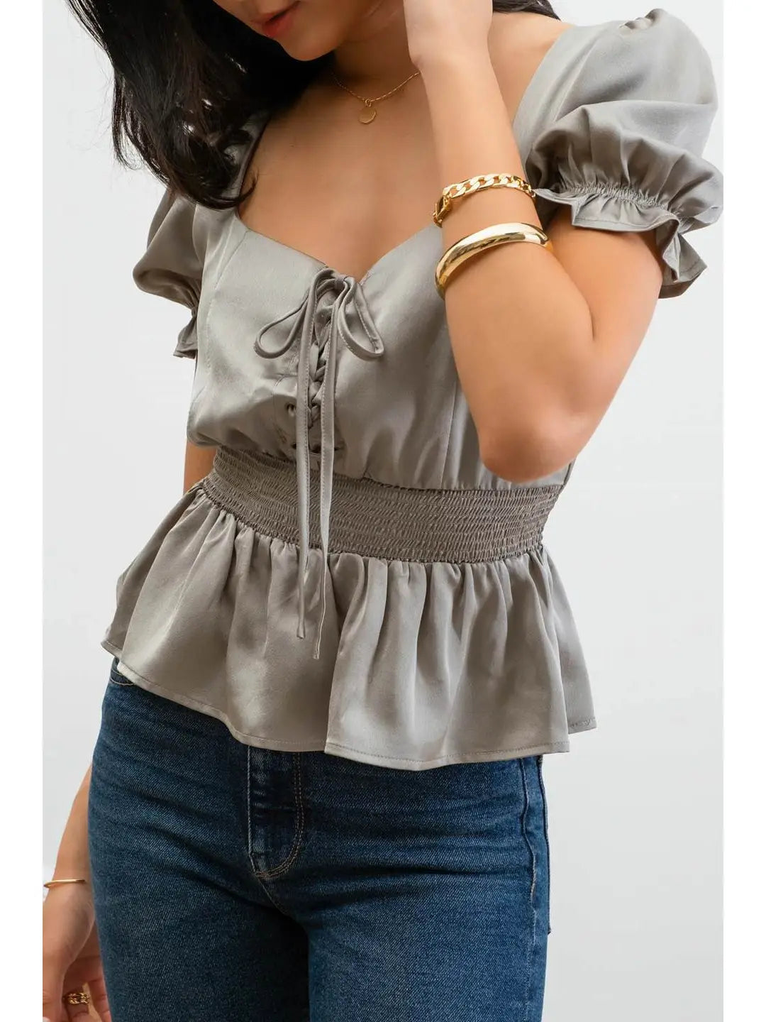 Lace Up Front Puff Short Sleeve Blouse