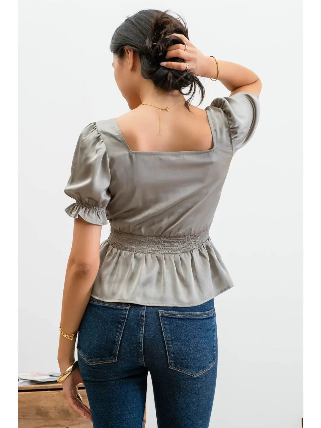Lace Up Front Puff Short Sleeve Blouse