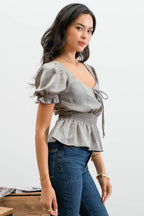 Lace Up Front Puff Short Sleeve Blouse