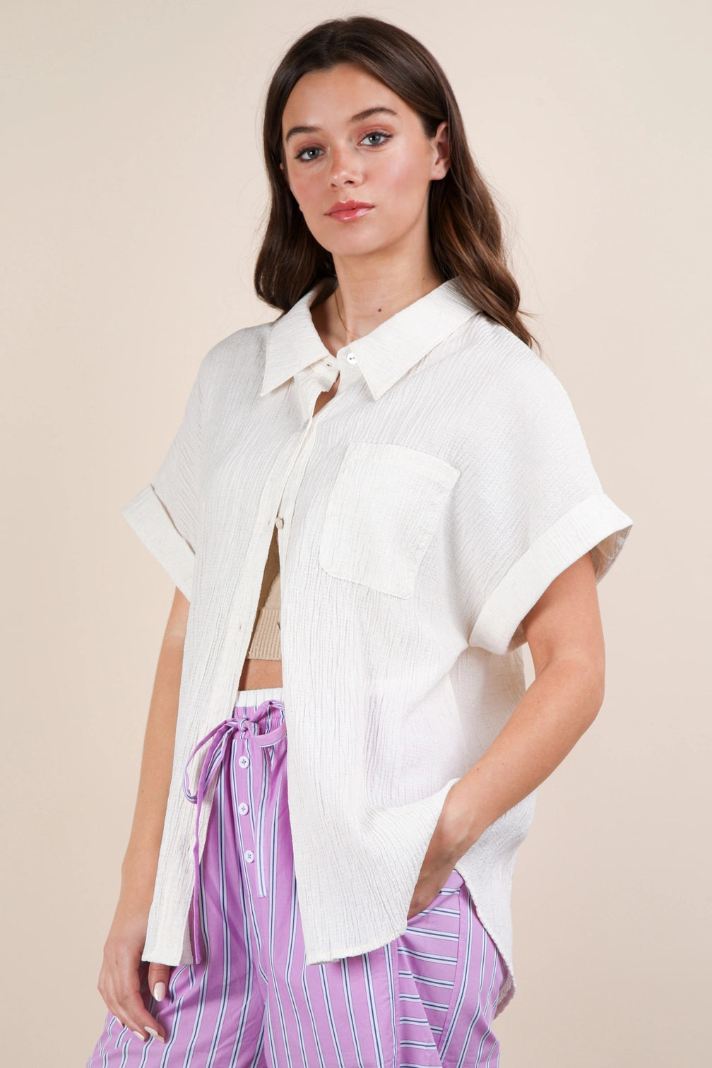 Dolman Sleeve Crinkled Woven Shirt Top