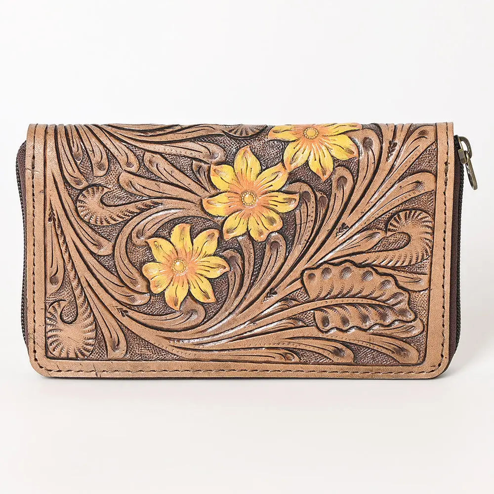 Genuine Leather Yellow Flower zipper wallet