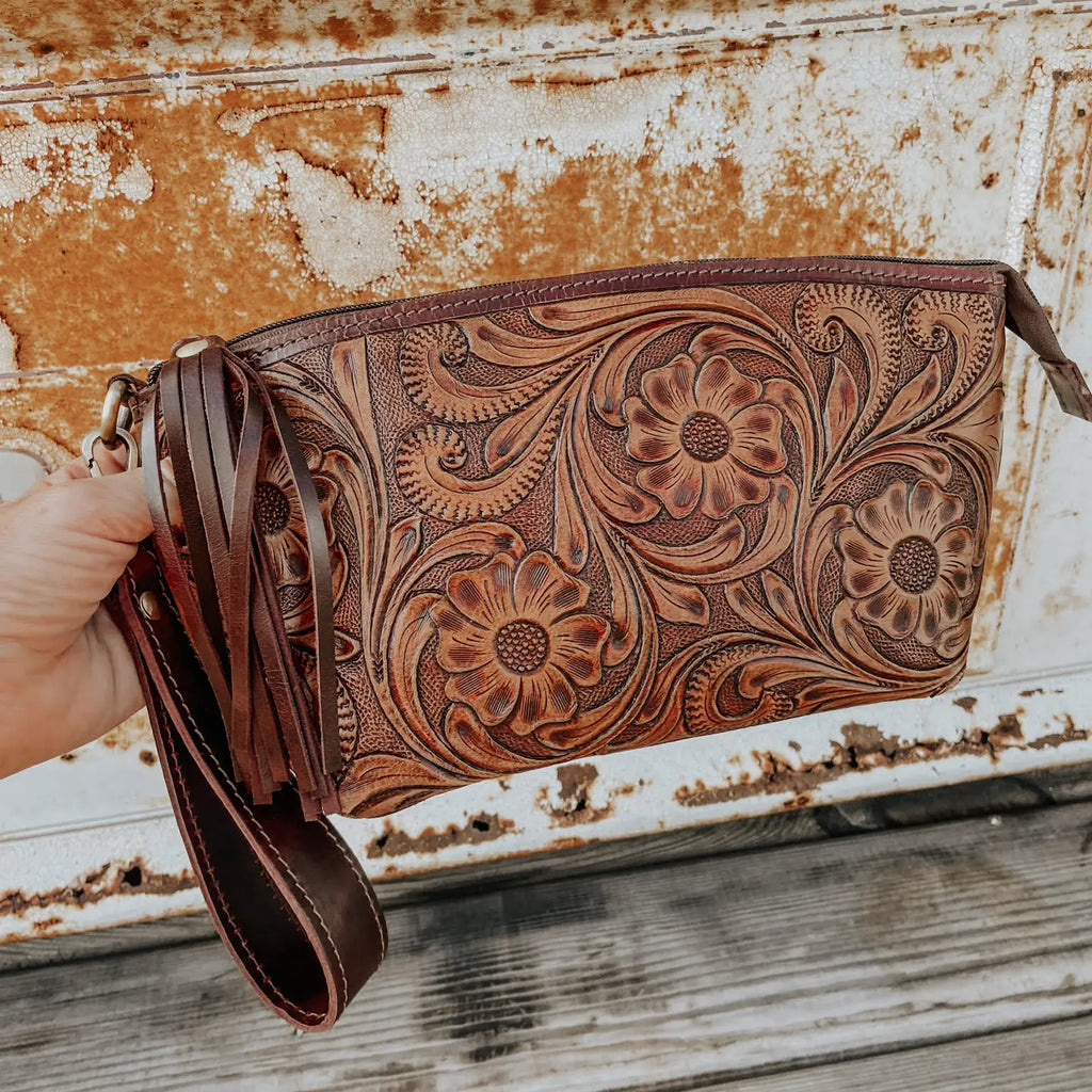 Tooled Leather Wristlet