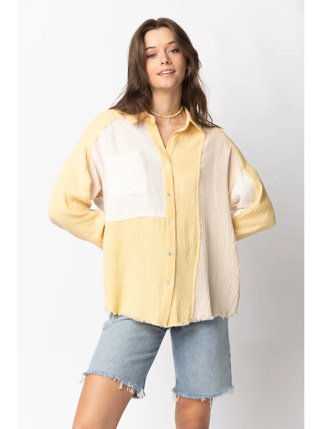 Color Blocked Linen Button Down