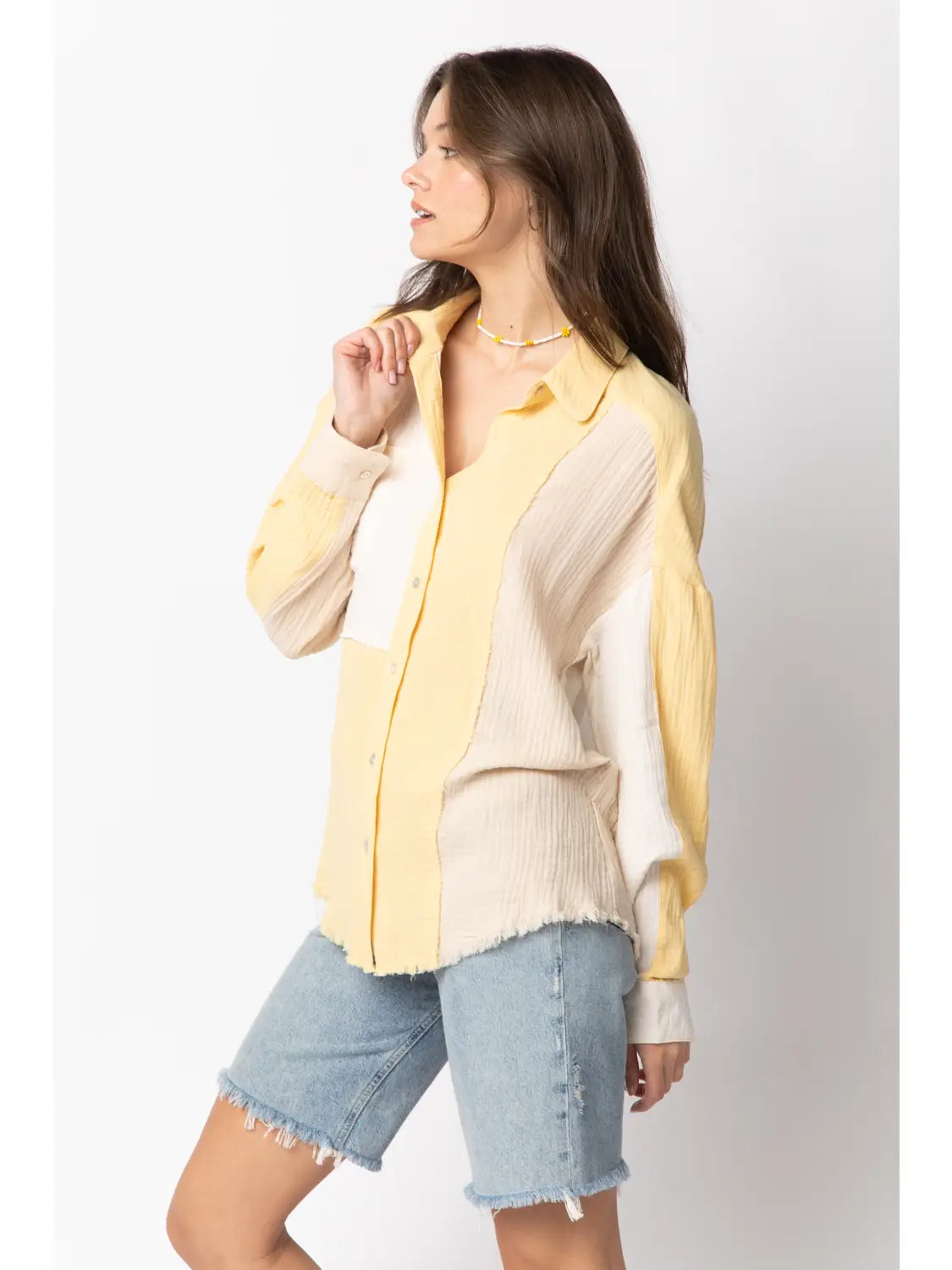 Color Blocked Linen Button Down